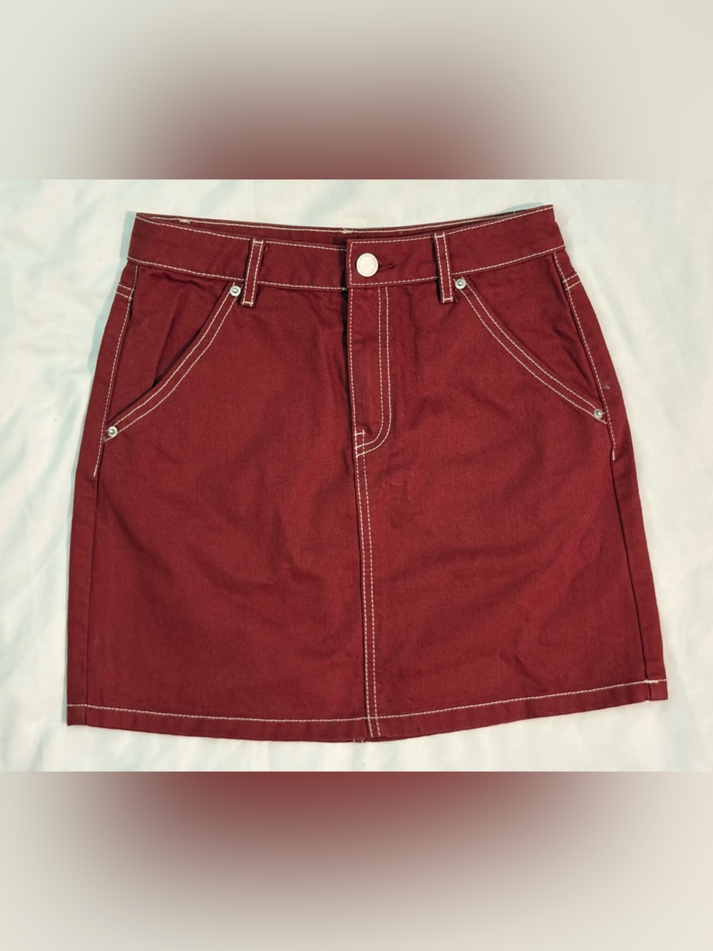 H&M Divided Deep Rust 100% Cotton Mini Skirt with White Topstitching NWOT SZ-2